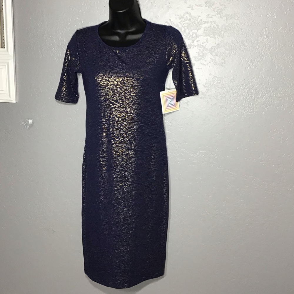 LULAROE JULIA WOMENS NAVY BLUE SIZE XXS. Crimson Gold Metallic